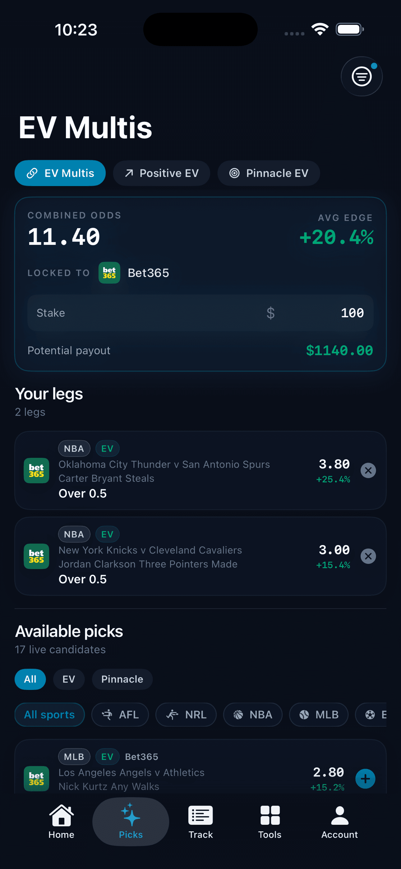 BetBank iOS app, Picks tab showing an EV multi with +20.4% average edge